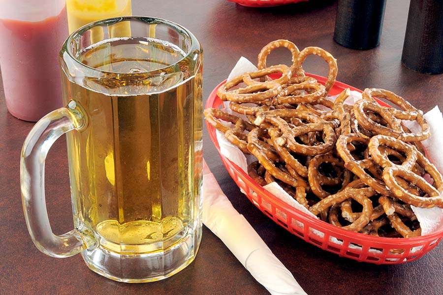 Basket of pretzels and a mug of beer