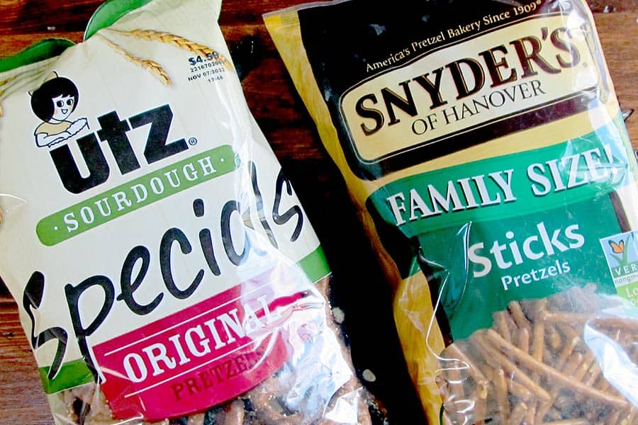 Bag of UTZ pretzels and a bag of Snyder's pretzel sticks