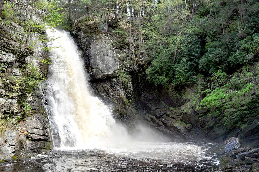 Bushkill Falls cascades down rocky ravine into deep pool
