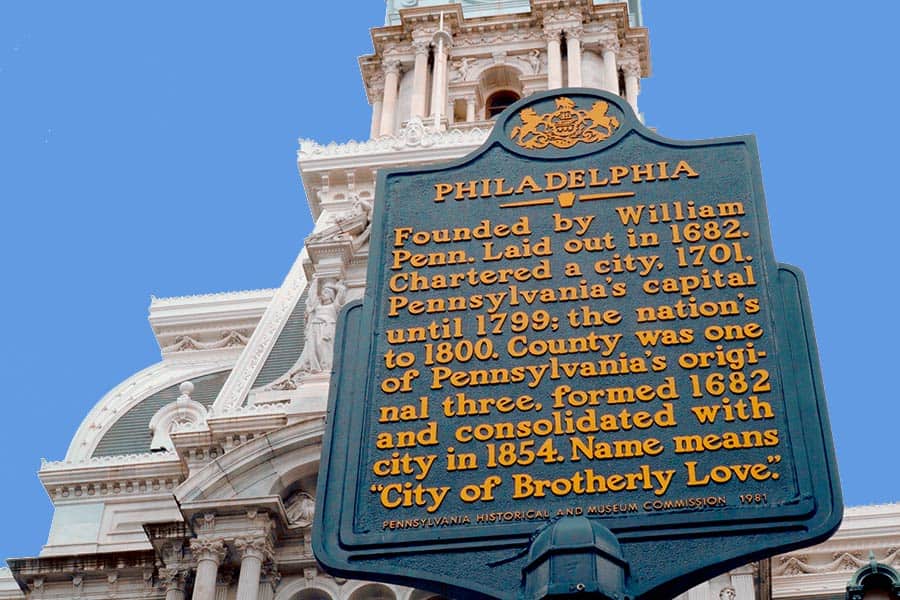 Blue steel plaque in front of city hall, founded by William Penn