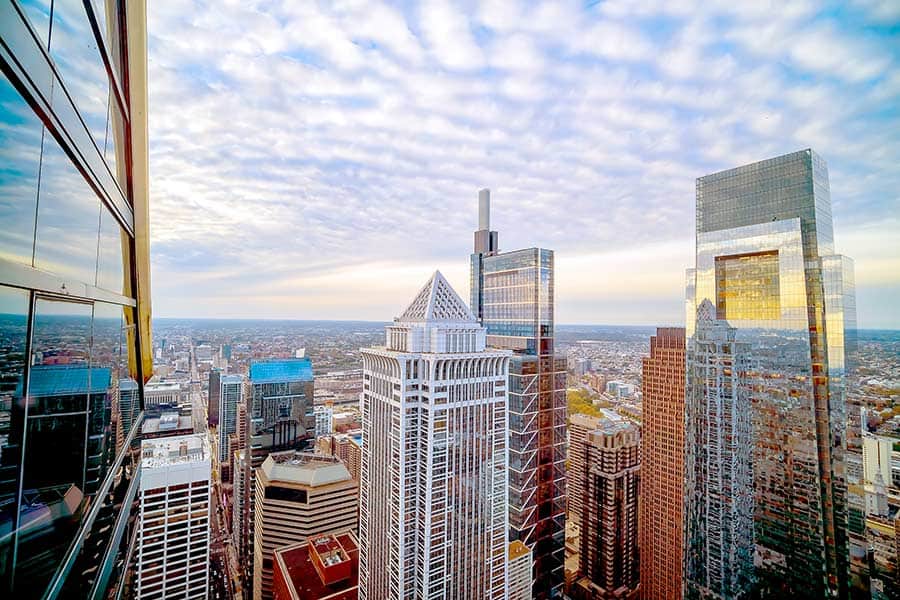 Birdseye view of downtown city skyscrapers