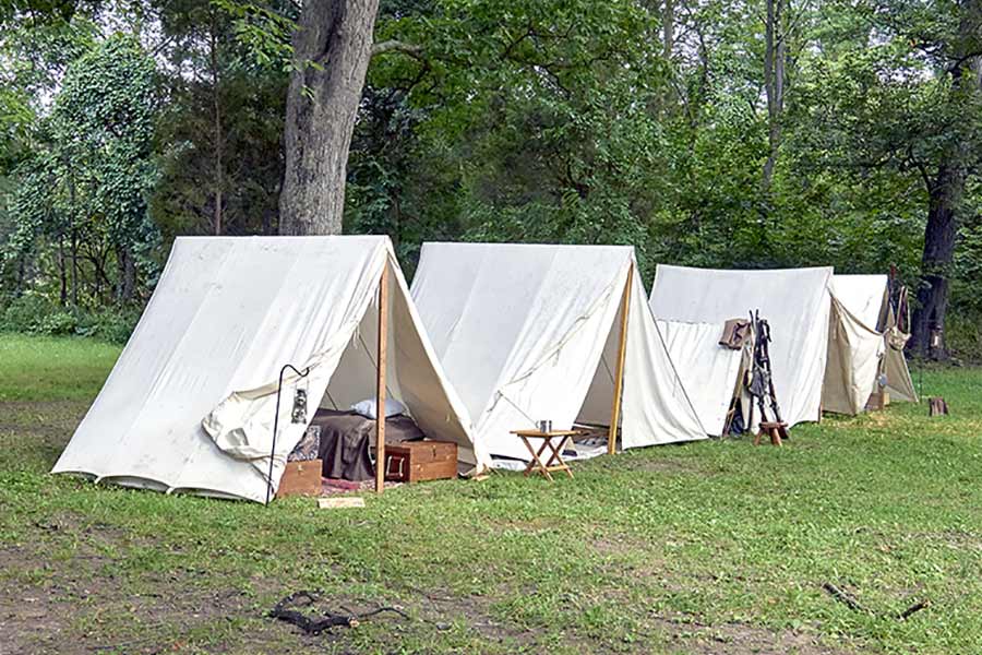 Replica Civil War tents on battlefield
