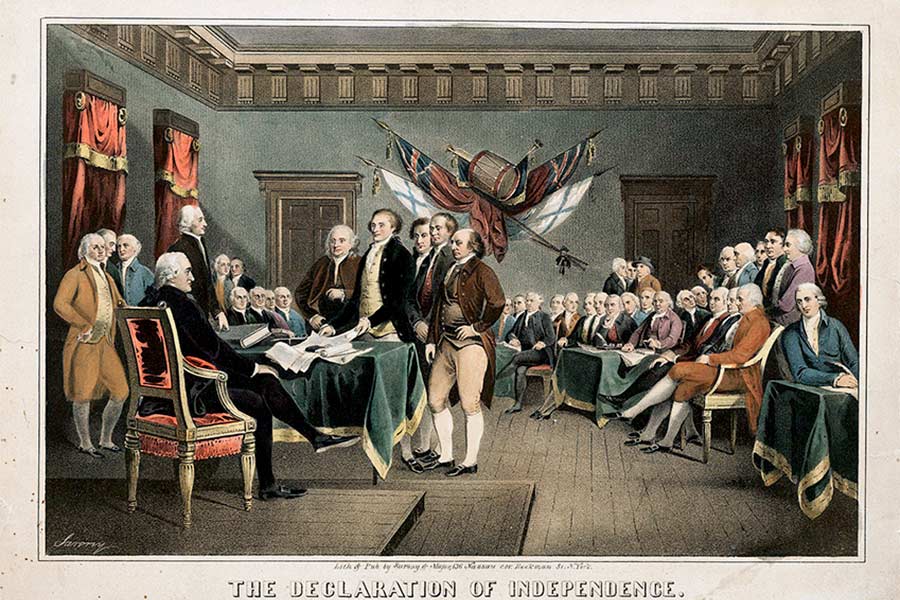 Hand colored print, showing the composers and signers of the Declaration of Independence