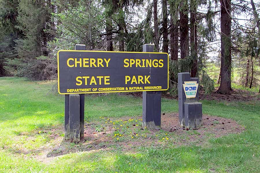 Entrance sign to Cherry Springs State Park in Potter County, Pennsylvania